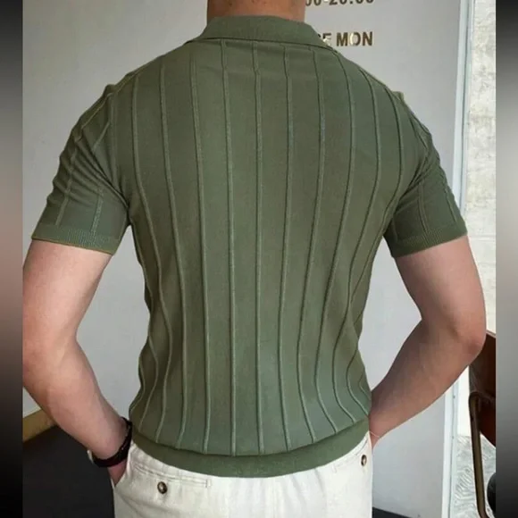 Men’s button v neck collared polo short sleeve rib knit shirt - Picture 2 of 2